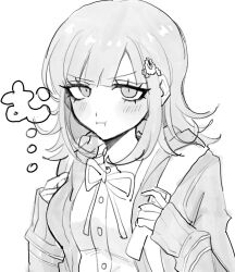 Rule 34 | 1girl, blush, collared shirt, danganronpa (series), danganronpa 2: goodbye despair, dress shirt, highres, kani no shiru, long sleeves, medium hair, nanami chiaki, neck ribbon, pout, ribbon, shirt, simple background, sleeves past wrists, solo, spaceship hair ornament, translated, upper body