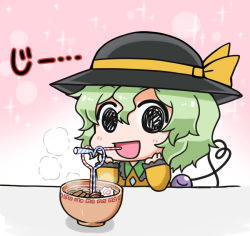 Rule 34 | 1girl, :d, bad id, bad pixiv id, black eyes, black hat, blouse, blush, bowl, chibi, commentary request, drinking straw, elbows on table, eyeball, food, frilled shirt collar, frilled sleeves, frills, gradient background, green hair, hair between eyes, hat, hat ribbon, heart, heart of string, komeiji koishi, long sleeves, looking at viewer, noai nioshi, noodles, open mouth, ribbon, shirt, short hair, smile, solo, sparkle background, staring, steam, string, third eye, touhou, two-tone background, udon, wing collar, yellow ribbon, yellow shirt