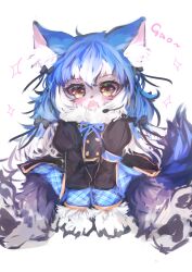 Rule 34 | 1girl, absurdres, animal ear fluff, animal ears, blazer, blue hair, bow, bowtie, dire wolf (kemono friends), extra ears, full body, highres, jacket, kemono friends, kemono friends v project, long hair, looking at viewer, maki gamin, microphone, ribbon, scarf, simple background, skirt, solo, tail, twintails, virtual youtuber, wolf ears, wolf girl, wolf tail, yellow eyes