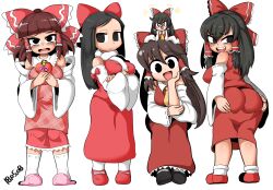 Rule 34 | 5girls, :d, apron, ascot, ass, black eyes, black footwear, black hair, blunt bangs, blush, book, bow, box, breasts, brown hair, closed mouth, collared shirt, commentary request, cookie (touhou), crossed arms, dated, detached sleeves, dress, empty eyes, frilled bow, frilled hair tubes, frilled shirt collar, frills, full body, hair bow, hair tubes, hakurei reimu, hand on own cheek, hand on own face, head tilt, heart-shaped box, holding, holding book, hotaruda (cookie), large breasts, leaning forward, long hair, looking at viewer, looking back, medium bangs, mini person, minigirl, multiple girls, noel (cookie), open mouth, pink apron, pink footwear, red bow, red dress, red footwear, red shirt, red skirt, rurima (cookie), shinonome (cookie), shiromiya rei, shirt, shoes, short bangs, sidelocks, simple background, skirt, skirt set, sleeve bow, sleeveless, sleeveless dress, sleeveless shirt, slippers, smile, solo focus, standing, tetugakuzonbi, touhou, white background, white sleeves, wide sleeves, yellow ascot