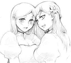 Rule 34 | 2girls, bleach, blush, dual persona, flower, forehead-to-forehead, hair flower, hair ornament, heads together, inoue orihime, julion (akesuzu), looking at viewer, looking back, monochrome, multiple girls, open mouth, sketch, slit pupils, smile, traditional media
