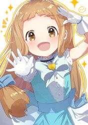 Rule 34 | 1girl, :d, absurdres, blue dress, blunt ends, blush, bow, bowtie, brooch, brown eyes, brown hair, diamond (shape), dot nose, dress, dutch angle, forehead, gloves, heart, heart brooch, highres, ichihara nina, idolmaster, idolmaster cinderella girls, idolmaster cinderella girls u149, jewelry, long hair, looking at viewer, notice lines, ooho0216, open hand, open mouth, outstretched arm, salute, short bangs, short sleeves, sidelocks, simple background, smile, solo, straight-on, straight hair, upper body, white background, white bow, white bowtie, white gloves