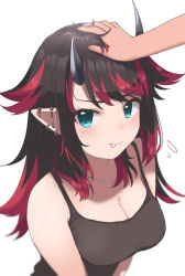 Rule 34 | 1girl, 1other, absurdres, alternate costume, black hair, black tank top, blue eyes, blush, breasts, cleavage, closed mouth, commentary request, demon girl, demon horns, ear piercing, fang, flying sweatdrops, headpat, highres, horns, large breasts, long hair, looking at viewer, multicolored hair, nanashi inc., piercing, red hair, ryugasaki rene, shiny skin, simple background, smile, solo focus, sugar lyric, tank top, two-tone hair, upper body, virtual youtuber, white background, zono (inokura syuzo029)