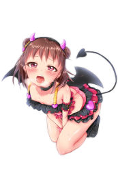 Rule 34 | 10s, 1girl, blush, brown hair, chigusa, demon tail, demon wings, double bun, flat chest, heavy breathing, horns, idolmaster, idolmaster cinderella girls, munakata atsumi, nipples, open mouth, simple background, solo, sweat, tail, white background, wings