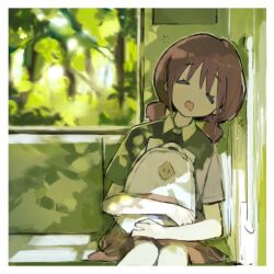 Rule 34 | 1girl, backpack, bag, brown hair, brown skirt, closed eyes, collared shirt, commentary, day, drooling, girls band cry, grey shirt, iseri nina, plaid, plaid skirt, shirt, short sleeves, short twintails, sitting, skirt, sleeping, solo, train interior, twintails, yurisaki929