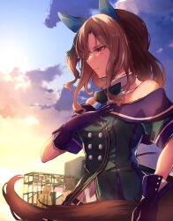 Rule 34 | 3girls, animal ears, bare shoulders, black gloves, brown hair, buttons, double-breasted, dress, ear covers, from side, gloves, green dress, highres, horse ears, horse girl, horse tail, king halo (umamusume), long hair, multiple girls, off-shoulder dress, off shoulder, red eyes, ri cochet, solo focus, starting gate, tail, umamusume