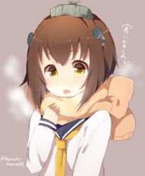 Rule 34 | 10s, 1girl, breath, brown eyes, brown hair, brown scarf, hair ornament, harusawa, headgear, kantai collection, long sleeves, neckerchief, open mouth, scarf, short hair, simple background, solo, twitter username, uniform, upper body, yellow neckerchief, yukikaze (kancolle)