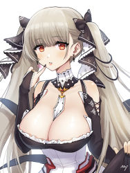 Rule 34 | 1girl, artist name, azur lane, blonde hair, blush, breasts, cleavage, cross, cross earrings, dress, earrings, finger to mouth, formidable (azur lane), hair ornament, hair ribbon, highres, jewelry, large breasts, lips, long hair, looking at viewer, nail polish, noixen, red eyes, ribbon, solo, twintails, two-tone ribbon, white background
