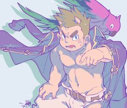 Rule 34 | 1boy, bandaged arm, bandages, bara, belt, bird, blue eyes, brown hair, coat, coat on shoulders, collared coat, commentary request, daihukudokoro, drop shadow, furrowed brow, green background, hand up, horns, looking at viewer, male focus, muscular, muscular male, navel, nipples, no shirt, open mouth, parrot, purple coat, robinson (housamo), short hair, signature, simple background, solo, sweatdrop, thick eyebrows, tokyo houkago summoners, torn clothes, upper body