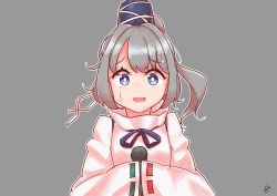Rule 34 | 1girl, arms up, blue eyes, blue hat, blue ribbon, bright pupils, commentary request, grey background, hands in opposite sleeves, hat, highres, japanese clothes, kariginu, long sleeves, looking at viewer, mononobe no futo, neck ribbon, one side up, open mouth, outline, ribbon, ribbon-trimmed sleeves, ribbon trim, short hair, signature, silver hair, simple background, solo, standing, sweat, tareme, tate eboshi, touhou, upper body, white outline, white pupils, zanasta0810