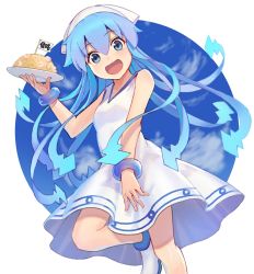 Rule 34 | 1girl, :d, bad id, bad pixiv id, bare shoulders, blue eyes, blue hair, blush, breasts, commentary request, dress, flag, food, fried rice, hair between eyes, hat, holding, holding plate, ikamusume, long hair, looking at viewer, mini flag, open mouth, plate, shinryaku! ikamusume, shoes, shrimp, sleeveless, sleeveless dress, small breasts, smile, solo, squid hat, standing, standing on one leg, suketoudara (artist), tentacle hair, very long hair, white dress, white footwear, white hat