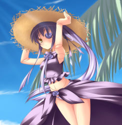 Rule 34 | 00s, 1girl, armpits, arms up, barasuishou, blush, day, doll joints, eyepatch, from below, hair ribbon, hat, joints, leaf, long hair, looking away, midriff, navel, outdoors, panties, ponytail, purple hair, purple panties, ribbon, rozen maiden, shimakaze (soundz of bell), sky, sleeveless, solo, standing, straw hat, sunlight, thighs, tree, underwear, yellow eyes