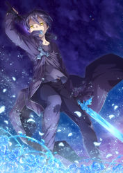 Rule 34 | 1boy, absurdres, alternate eye color, arm up, black pants, blue flower, blue rose, blue rose sword, coat, collarbone, flower, grey shirt, highres, holding, holding sword, holding weapon, ice, kirito, long sleeves, looking at viewer, male focus, oboro neko, open clothes, open coat, pants, petals, purple coat, purple hair, rose, shirt, short hair, solo, sword, sword art online, weapon, yellow eyes