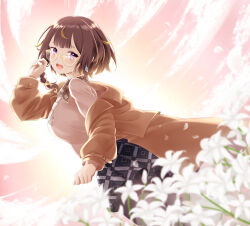 Rule 34 | 1girl, absurdres, anya melfissa, anya melfissa (casual), braid, brown coat, brown hair, coat, earrings, flower, from side, glasses, highres, hololive, hololive indonesia, jewelry, lily (flower), looking at viewer, mee don, open mouth, pantyhose, petals, purple eyes, short hair, side braid, skirt, smile, teeth, twilight, upper teeth only, virtual youtuber