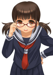 1girl adjusting_eyewear bad_id bad_pixiv_id brown_eyes brown_hair female_focus glasses highres laco_soregashi leaning_forward original school_uniform serafuku simple_background solo twintails white_background