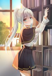 Rule 34 | 1girl, absurdres, aqua eyes, belt, belt buckle, black capelet, black skirt, book, bookshelf, buckle, building, bush, capelet, commentary, evening, frilled sleeves, frills, highres, indoors, long hair, long sleeves, looking at viewer, looking to the side, nri, original, parted lips, pleated skirt, ponytail, shirt, sidelocks, silver hair, skirt, solo, standing, sunlight, symbol-only commentary, tree, white shirt, window