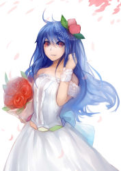 Rule 34 | 1girl, alternate costume, arm up, bad id, bad pixiv id, bare shoulders, belt, blue hair, bouquet, bride, dress, female focus, flower, food, fruit, hair ornament, hand in own hair, highres, hinanawi tenshi, jewelry, long hair, no headwear, no headwear, peach, petals, ramble12, red eyes, red flower, red rose, ribbon, ring, rose, solo, touhou, wedding dress, wrist ribbon