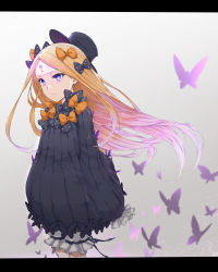 Rule 34 | 1girl, abigail williams (fate), absurdres, black bow, black dress, black hat, blonde hair, bloomers, blue eyes, bow, bug, butterfly, commentary request, cowboy shot, dress, fate/grand order, fate (series), floating hair, glowing, grey background, hair bow, hat, highres, insect, karappo (keith8387), keyhole, letterboxed, long hair, long sleeves, looking away, multiple hair bows, orange bow, parted bangs, polka dot, polka dot bow, sleeves past fingers, sleeves past wrists, solo, underwear, very long hair, white bloomers