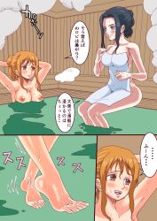 Rule 34 | armpits, asikoma7777, ass, barefoot, bathhouse, black hair, blue eyes, blush, breasts, brown eyes, brown hair, cleavage, collarbone, feet, foot focus, from side, groin, highres, indoors, japanese text, large breasts, legs, long hair, long toenails, looking at another, nami (one piece), nico robin, nipples, no shoes, no socks, one piece, open mouth, sitting, smile, speech bubble, steam, sweat, teeth, thighs, toenails, toes, towel, towel around waist, towel over breasts, uncensored, upper teeth only