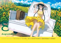 Rule 34 | 1girl, absurdres, adjusting clothes, adjusting headwear, bare legs, black hair, blouse, blue eyes, blush, bow, braid, calendar, day, detached collar, dress, field, floral print, flower, flower field, foot dangle, hair ornament, hairclip, hat, highres, hill, huge filesize, kantoku, knees together feet apart, long hair, looking at viewer, miyaguchi hiromi, motor vehicle, no socks, open mouth, original, outdoors, parted lips, pickup truck, ribbon, road, sash, scan, shirt, shoes, sitting, skirt, sleeveless, sleeveless shirt, smile, solo, suitcase, sun hat, sundress, sunflower, sunflower field, sunlight, teeth, truck, twin braids, upskirt, yellow bow, yellow footwear, yellow ribbon, yellow skirt