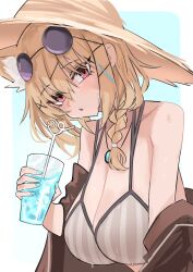 Rule 34 | 1girl, absurdres, animal ear fluff, animal ears, arknights, bare shoulders, bikini, blonde hair, blue nails, braid, breasts, cleavage, commentary, crazy straw, cup, drinking straw, eyewear on head, hair ornament, hat, heart straw, highres, holding, holding cup, large breasts, official alternate costume, red eyes, shino duka, solo, striped bikini, striped clothes, sun hat, sunglasses, sweat, swimsuit, utage (arknights), utage (summer flowers) (arknights), x hair ornament