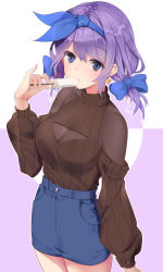 Rule 34 | 1girl, absurdres, blue bow, blue eyes, blue hairband, blue skirt, blush, bodystocking, bow, breasts, cleavage cutout, clothing cutout, cowboy shot, earrings, eating, food, hair bow, hairband, hanami dango (zzldango), heart, heart earrings, highres, holding, holding food, jewelry, long sleeves, looking at viewer, low twintails, medium breasts, miniskirt, original, parted lips, popsicle, short hair, short twintails, shoulder cutout, skirt, solo, twintails, two-tone background