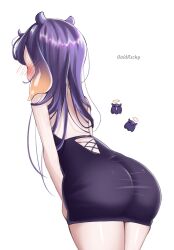 Rule 34 | 1girl, absurdres, artist name, ass, back, bare arms, bare shoulders, black dress, blush, cowboy shot, dress, facing away, from behind, goldfishy, hair ears, hand on own leg, highres, hololive, hololive english, leaning forward, long hair, multicolored hair, ninomae ina&#039;nis, ninomae ina&#039;nis (1st costume), purple hair, see-through, see-through dress, short dress, sidelocks, simple background, solo, straight hair, takodachi (ninomae ina&#039;nis), virtual youtuber, white background