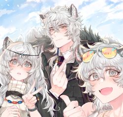 Rule 34 | 1boy, 2girls, animal ears, arknights, asymmetrical hair, bead necklace, beads, black coat, black neckwear, blue sky, brother and sister, cliffheart (arknights), closed mouth, cloud, coat, commentary, earrings, eyewear on head, fangs, finger heart, fur-trimmed coat, fur trim, grey eyes, head chain, highres, jewelry, leopard boy, leopard ears, leopard girl, light smile, looking at viewer, mad pingu, medium hair, mountain, multiple girls, necklace, necktie, open mouth, orange-tinted eyewear, parted lips, pramanix (arknights), shirt, siblings, silverash (arknights), single earring, sisters, sky, smile, sunglasses, symbol-only commentary, thumbs up, tinted eyewear, tongue, turtleneck, upper body, v, watch, white hair, white shirt, wristwatch