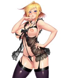 Rule 34 | 1girl, armpits, black thighhighs, blonde hair, blue eyes, bodysuit, breasts, curvy, female focus, hand on own hip, highres, large breasts, lilith-soft, lingerie, looking at viewer, nipples, no bra, partially visible vulva, pointy ears, revealing clothes, see-through, shinganji kurenai, shiny skin, short hair, simple background, smile, solo, standing, taimanin (series), taimanin asagi, taimanin asagi kessen arena, taimanin kurenai, thick thighs, thighhighs, thighs, underwear, white background, zol