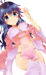 Rule 34 | 10s, 1girl, ahoge, arm up, bare shoulders, blue eyes, blue hair, blush, bow, breasts, cleavage, closed mouth, detached sleeves, dress, dress bow, dutch angle, eyelashes, eyes visible through hair, female focus, frilled dress, frilled sleeves, frills, from below, garter straps, hair between eyes, hair bow, hair ribbon, highres, lace trim, large bow, leg up, light particles, long hair, long sleeves, looking at viewer, matching hair/eyes, medium breasts, netoge no yome wa onna no ko janai to omotta?, off shoulder, panties, pelvic curtain, pink bow, pink dress, pink panties, raised eyebrows, ribbon, shiny skin, side slit, simple background, smile, solo, standing, standing on one leg, tamaki ako, thighhighs, underwear, wavy hair, whipwhitesweet, white background, white bow, white thighhighs, wide sleeves