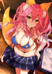Rule 34 | 10s, 1girl, animal ear fluff, animal ears, bikini, blue bikini, blush, bow, bowtie, breasts, cleavage, fate/extra, fate (series), fox ears, fox tail, halterneck, highres, large breasts, long hair, looking at viewer, navel, pink hair, plaid, plaid skirt, side-tie bikini bottom, skirt, solo, string bikini, striped bow, striped bowtie, striped clothes, striped neckwear, swimsuit, tail, tamamo (fate), tamamo no mae (fate/extra), tamamo no mae (swimsuit lancer) (fate), tetsubuta, twintails, undressing, yellow eyes