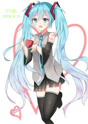 Rule 34 | 2018, ahoge, beifang qiji, birthday, black footwear, black skirt, blue eyes, blue hair, blue neckwear, boots, dated, detached sleeves, floating hair, grey shirt, hair between eyes, hair ornament, hatsune miku, heart, highres, leg up, long hair, looking at viewer, miniskirt, necktie, open mouth, pleated skirt, shiny clothes, shirt, simple background, skirt, sleeveless, sleeveless shirt, standing, standing on one leg, thigh boots, thighhighs, twintails, very long hair, vocaloid, white background, zettai ryouiki