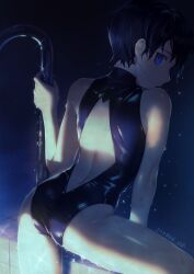 Rule 34 | 1boy, arm support, ass, back, backless swimsuit, backlighting, black hair, black one-piece swimsuit, blue background, blue eyes, climbing, clip studio paint (medium), cowboy shot, crossdressing, dated, facial mark, from behind, hand up, highres, kiyonagi, kusanagi (kiyonagi), looking at viewer, male focus, one-piece swimsuit, original, pool ladder, shiny clothes, short hair, sideways glance, skin tight, solo, sparkle, sunlight, swimsuit, trap, wet, wet hair