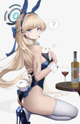 Rule 34 | 1girl, ?, absurdres, alcohol, animal, animal ears, ass, bare shoulders, blonde hair, blue archive, blue bow, blue eyes, blue hairband, blue leotard, bottle, bow, bowtie, braid, breasts, cup, detached collar, drinking glass, earpiece, fake animal ears, fake tail, floating hair, from side, full body, hael, hairband, halo, highleg, highleg leotard, highres, holding animal, holding rabbit, leotard, long hair, looking at viewer, looking to the side, medium breasts, microphone, official alternate costume, official alternate hairstyle, playboy bunny, rabbit, rabbit ears, rabbit tail, solo, squatting, table, tail, thighs, tiptoes, toki (blue archive), toki (bunny) (blue archive), very long hair, white wrist cuffs, wine glass, wrist cuffs