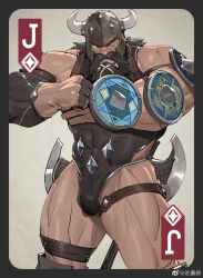 Rule 34 | 1boy, axe, bara, bare shoulders, battle axe, beard, brown hair, bulge, clenched hand, eyebrow cut, facial hair, fake horns, feet out of frame, hands up, helmet, highres, horned helmet, horns, leotard, long beard, long hair, long mustache, looking at viewer, male focus, mature male, muscular, muscular male, mustache, old, old man, original, pectorals, scar, scar across eye, sidepec, solo, standing, strapless, strapless leotard, thick eyebrows, thick mustache, thick thighs, thigh strap, thighs, tooboshoo, weapon, weapon behind back