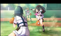 4girls arihara_tsubasa ball baseball baseball_(object) baseball_cap baseball_glove baseball_stadium baseball_uniform belt belt_buckle belt_pouch bike_shorts_under_skirt black_belt black_footwear black_gloves black_hair black_pouch black_shorts black_socks black_undershirt blue_eyes blue_hat blue_shirt bow brown_hair buckle catcher_(baseball) catching cinderella_series dust_cloud fingerless_gloves game_cg gloves green_eyes grey_pants hachigatsu_no_cinderella_nine hair_between_eyes hair_bow hair_ribbon hat high_ponytail highres holding holding_ball long_hair looking_at_object multiple_girls neckerchief non-web_source official_art open_mouth outdoors pants pink_neckerchief playing_sports pleated_skirt pointing pointing_at_another pouch red_ribbon ribbon shirt shirt_under_shirt short_sleeves shorts skirt socks sportswear striped_belt striped_clothes striped_shirt teeth tsukahara_shizuku umpire upper_teeth_only v-shaped_eyebrows vertical-striped_clothes vertical-striped_shirt wristband yellow_bow