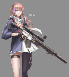 Rule 34 | 1girl, absurdres, ar-15, black gloves, black thighhighs, blue eyes, character name, cowboy shot, dress, fingerless gloves, girls&#039; frontline, gloves, gun, highres, holding, holding gun, holding weapon, jacket, letterboxed, long hair, looking at viewer, monaim, multicolored hair, one side up, open clothes, open jacket, parted lips, pink hair, purple hair, rifle, single thighhigh, smile, solo, st ar-15 (girls&#039; frontline), streaked hair, thighhighs, weapon, white dress