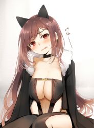 Rule 34 | 1girl, animal ears, bare shoulders, black dress, blush, breasts, brown hair, cat ears, center opening, choker, cleavage, collarbone, dress, earrings, fate/grand order, fate (series), fur-trimmed jacket, fur trim, jacket, jewelry, kujiran, large breasts, long hair, long sleeves, looking at viewer, multiple earrings, open mouth, red eyes, revealing clothes, ribbon-trimmed dress, simple background, sitting, solo, strapless, strapless dress, swept bangs, thighs, very long hair, white background, yu mei-ren (fate)