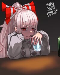 Rule 34 | 1girl, absurdres, bow, drink, fujiwara no mokou, hair bow, highres, hime cut, holding, holding drink, long hair, neophyte, ponytail, red eyes, sad, sidelocks, solo, sweater, touhou, very long hair, white bow, white hair