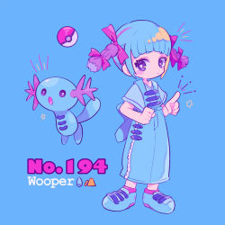 Rule 34 | 1girl, :o, androgynous, blue background, blue dress, blue footwear, blue hair, blush, bow, character name, clenched hand, creatures (company), dress, full body, game freak, gen 2 pokemon, gender request, hair bow, long skirt, moemon, multicolored hair, narumame, nintendo, personification, pointing, poke ball, poke ball (basic), pokedex number, pokemon, pokemon (creature), purple bow, purple eyes, shoes, short hair, simple background, skirt, sneakers, standing, two-tone hair, water drop, wooper