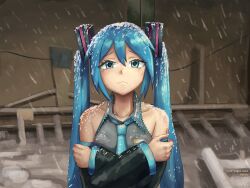 Rule 34 | 1girl, :&lt;, artist logo, artist name, blue eyes, blue hair, cold, collared shirt, crossed arms, crying, crying with eyes open, dated, detached sleeves, digiral, frown, hatsune miku, highres, husbant (meme), long hair, long sleeves, looking at viewer, meme, necktie, outdoors, parody, shirt, sleeveless, sleeveless shirt, snow, snow on head, snowing, solo, tears, twintails, very long hair, vocaloid, winter