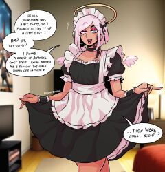 Rule 34 | 1boy, angel wings, anhel (log dog), apron, black bow, black choker, black dress, blurry, blurry background, blush stickers, bow, choker, collarbone, curtsey, dark-skinned male, dark skin, dress, eyeshadow, fingernails, hair bow, halo, highres, hood, indoors, lipstick, log dog, looking at viewer, maid, maid apron, makeup, male focus, mini wings, nail polish, original, photo background, pink hair, pinky out, purple eyes, red eyeshadow, red lips, red nails, ribbon choker, solo, speech bubble, trap, waist apron, wings, wrist cuffs