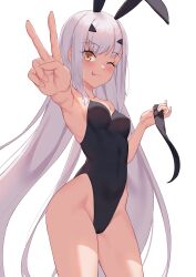 Rule 34 | 1girl, ;p, absurdres, animal ears, armpits, bare arms, bare legs, bare shoulders, black leotard, breasts, cleavage, commentary, covered erect nipples, covered navel, cowboy shot, english commentary, melusine (fate), fake animal ears, fate/grand order, fate (series), foreshortening, groin, hair ornament, highleg, highleg leotard, highres, holding, holding ribbon, jilu, leotard, long hair, looking at viewer, medium breasts, one eye closed, outstretched hand, playboy bunny, rabbit ears, ribbon, simple background, solo, standing, strapless, strapless leotard, thighs, tongue, tongue out, v, very long hair, white background, white hair, yellow eyes