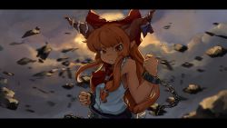 Rule 34 | 1girl, absurdres, backlighting, belt, bow, brown horns, chain, clenched hands, closed mouth, commentary, cuffs, fighting stance, hair bow, hand up, highres, horn ornament, horn ribbon, horns, hyoutan tan, ibuki suika, letterboxed, long hair, looking at viewer, neck ribbon, orange eyes, orange hair, red bow, red ribbon, ribbon, rock, scrunchie, serious, shackles, shards, shirt, short eyebrows, sleeveless, sleeveless shirt, solo, thick eyebrows, touhou, uneven eyes, upper body, white scrunchie, white shirt, wrist cuffs