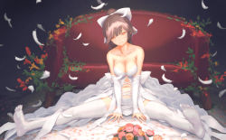 Rule 34 | 1girl, alternate costume, azur lane, black hair, blush, bouquet, bow, breasts, brown eyes, cleavage, closed mouth, collarbone, couch, detached sleeves, dress, feathers, flower, hair bow, head tilt, highres, large breasts, long hair, looking at viewer, navel, no shoes, on floor, pandarou, ponytail, sitting, smile, solo, spread legs, stomach, strapless, strapless dress, takao (azur lane), thighhighs, very long hair, wedding dress, white bow, white thighhighs