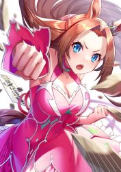 Rule 34 | 1girl, akatsuki (kuon), animal ears, blue eyes, braid, breasts, brown hair, cleavage, clenched hands, clothing cutout, commentary request, debris, detached sleeves, dress, emphasis lines, horse ears, horse girl, horse tail, incoming attack, incoming punch, kawakami princess (umamusume), large breasts, long hair, looking at viewer, motion blur, open mouth, parted bangs, pink dress, punching, sign, sleeveless, sleeveless dress, solo, tail, teeth, umamusume, upper teeth only