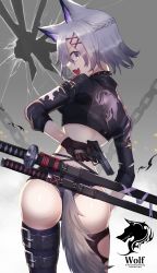 Rule 34 | 1girl, absurdres, amahara subaru, animal ears, ass, back, black collar, black thighhighs, broken glass, brown gloves, chain, collar, crack, embers, english text, fang, glass, gloves, grey hair, gun, hair ornament, highres, holding, holding gun, holding weapon, katana, looking back, open mouth, original, purple eyes, scabbard, sheath, sheathed, shiny skin, short hair, skin fang, sleeves rolled up, smile, solo, spiked collar, spikes, sword, tail, thigh strap, thighhighs, torn, torn clothes, torn thighhighs, weapon, wolf ears, wolf girl, wolf tail, x, x hair ornament