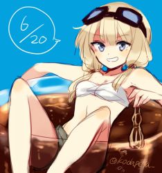 Rule 34 | 1girl, bad id, bad twitter id, blonde hair, blue eyes, bottle, carla j. luksic, cup, dated, goggles, goggles on head, grin, in container, in cup, kodamari, long hair, low twintails, midriff, simple background, smile, solo, strike witches, twintails, world witches series
