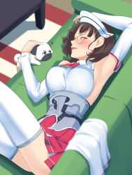 Rule 34 | 1girl, ?, animal, armpits, blush, breasts, brown eyes, brown hair, detached sleeves, dog, glasses, highres, kantai collection, large breasts, pince-nez, pleated skirt, red skirt, roma (kancolle), shingyou (alexander-13), shirt, short hair, skirt, solo, thighhighs, white shirt, white thighhighs
