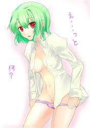 Rule 34 | 1girl, breasts, breasts apart, cleavage, dress shirt, female focus, gradient background, green hair, groin, highres, karuna (madlax), kazami yuuka, madlax78, no bra, no pants, open clothes, open shirt, panties, panty pull, pink panties, red eyes, shirt, short hair, solo, touhou, underwear, undressing, white background